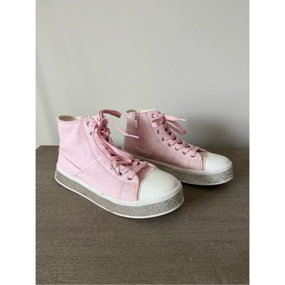 Lucky Step Pink High-Top Lace-Up Sneakers with Rhinestone Platform Side Zip - 8